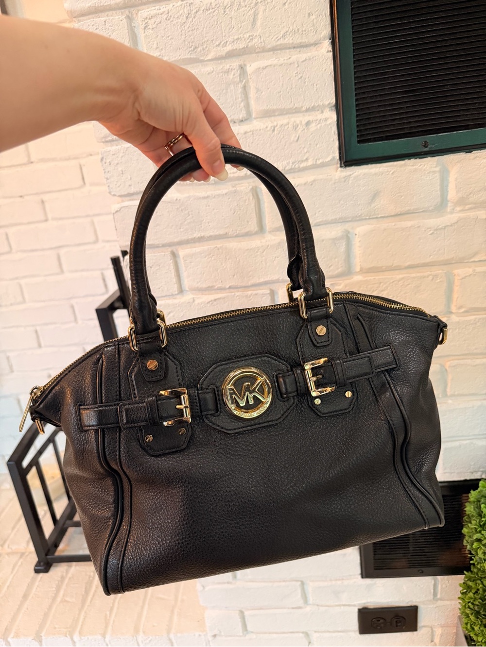 Michael Kors Black Pebbled Leather Satchel with Gold-Tone MK Emblem